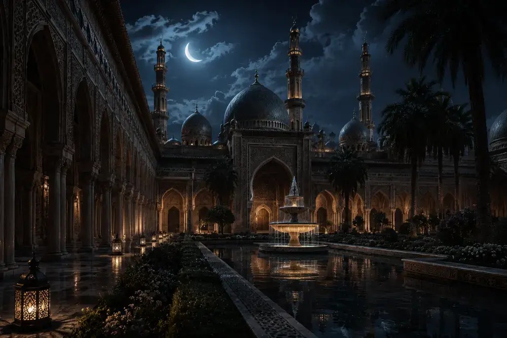 Palais oriental illuminé sous un croissant de lune, univers fantasy d'Ankalira Studio, studio de jeux indépendant